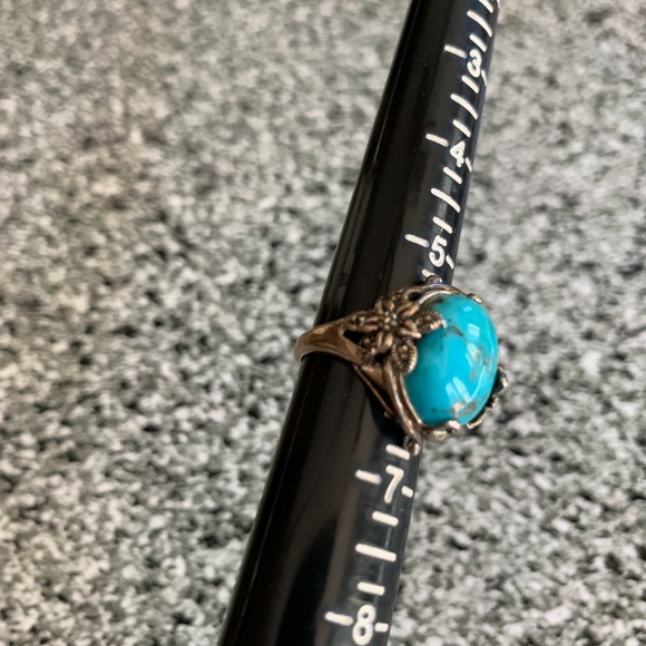 Rhodium over Sterling Cabochon Composite Turquoise and Marcasite ring Size 6 - Picture 4 of 4